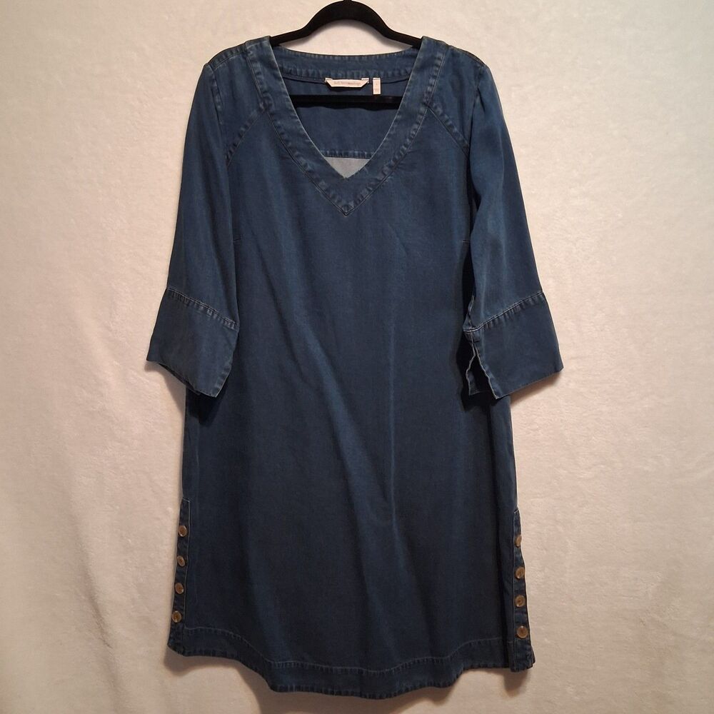 Soft Surroundings L Dress Mini Tencel Chambray V Neck Shift Blue Coastal Classic